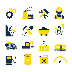 Industrial and Mining Icon Set – Flat Vector Icons of Excavator, Dump Truck, Oil Barrel, Fuel Pump, Construction Worker, Gear, Gas Can, Factory, Tools, and Heavy Machinery Elements for Industry