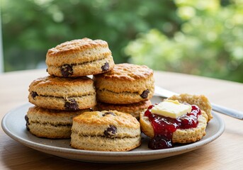 Delicious fresh homemade scones with jam and butter for a lovely treat