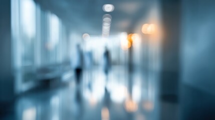 Blurred people walking in a modern hallway