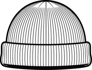 Black and White Line Art Illustration of a Knitted Beanie Hat