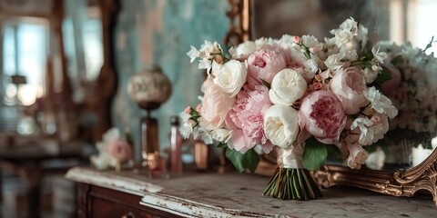 Pink and white peony wedding bouquet