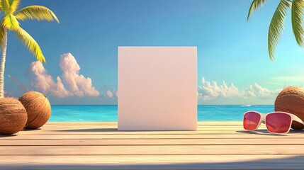 Blank White Canvas on Tropical Beach with Palm Trees and Sunglasses