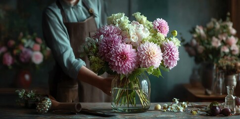 Pink dahlia bouquet in glass vase