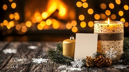 Cozy Holiday Scene with Candle, Blank Card, and Christmas Decorations