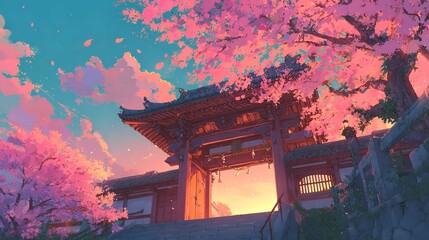 Tranquil Japanese temple gate embraced by blossoming cherry trees bathed in the warm hues of sunset creating a serene