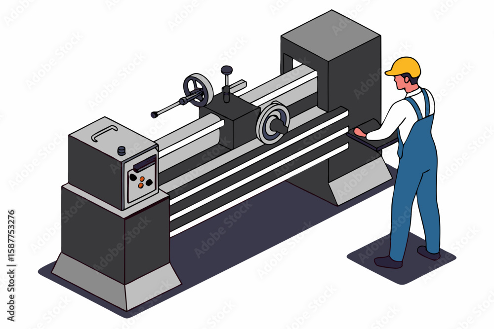 Poster isometric illustration of a lathe machine in a workshop with a technician ready for operation