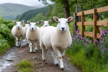 Naklejka premium Flock of sheep walking on a path in the Scottish Highlands