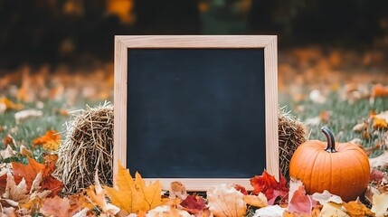 Autumn Scene with Blank Chalkboard, Pumpkin, and Colorful Leaves