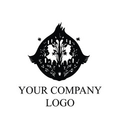 Obraz premium Black and white symmetrical logo design with stylized nature elements. Circular design featuring trees, plants, and what appears to be a double sided structure with small figures in the center.