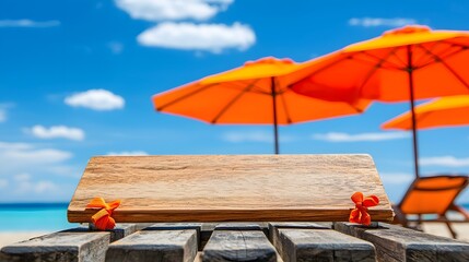 Wooden Board on Beach with Orange Umbrellas and Blue Sky View