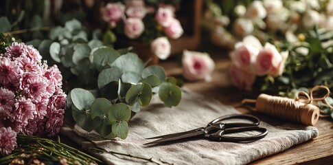 Pink flowers eucalyptus greenery scissors