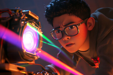 A boy debugging a robot s malfunctioning hologram projector tools scattering rainbows across his concentrated frown