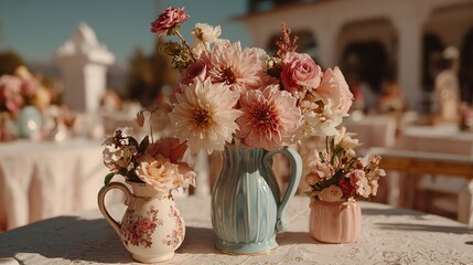 Pink flowers in vintage jugs table setting