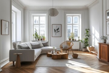 Fototapeta premium Scandinavian-inspired living room with classic wooden floor, modern furnishing elements