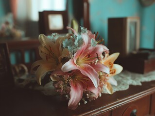 Pink lilies bouquet on wooden surface