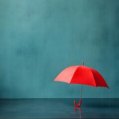 Vibrant Red Umbrella Against Soft Teal Background with Reflections