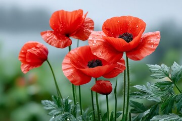 Obraz premium Red poppies blooming in the field after the rain