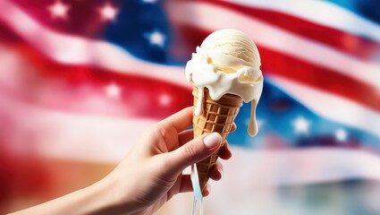 A hand holding a melting ice cream cone with an american flag blurred in the background behind it