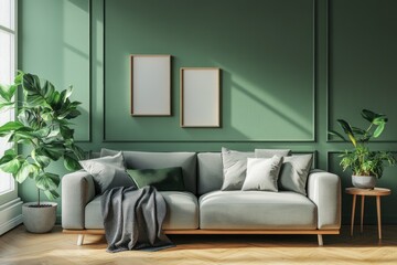 Fototapeta premium Sage green modern living room with gray sofa, hardwood floor, potted plant and cozy decor