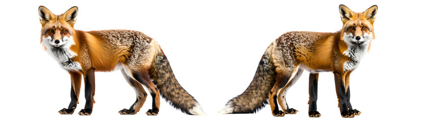 Fototapeta premium Set of Adult Red Fox Glancing Over Shoulder, Standing Pose, Transparent Background PNG