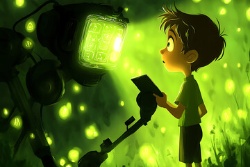 A boy discovering a robot's hidden archive of lost languages glowing glyphs swirling like captive fireflies