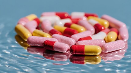 A close-up of colorful capsules, featuring pink, red, and yellow, scattered on a reflective surface with a rippled water effect background.