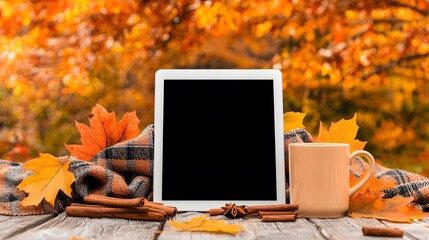 Cozy Autumn Scene with Tablet, Cup, Cinnamon, and Colorful Leaves