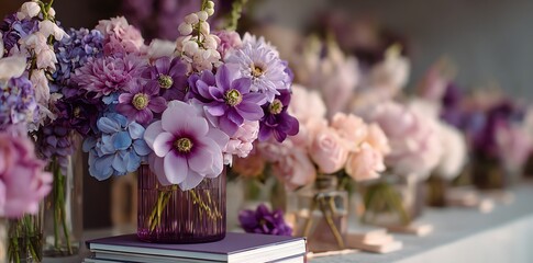 Purple flowers in glass vases