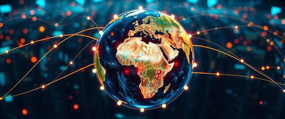 Global network connection, digital data flow around Earth, futuristic tech background,   glowing lines,  technology background