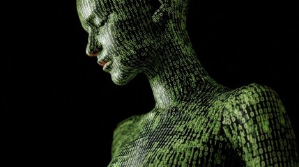 A digital human figure covered in green binary code on a dark background, symbolizing the fusion of technology and humanity.