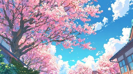 Experience a whimsical spring day under the mesmerizing canopy of cherry blossoms petals dancing against a bright blue