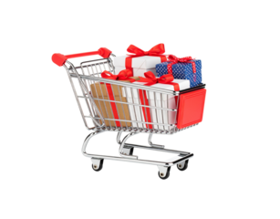 Miniature chrome shopping cart filled with colorful gift boxes with red ribbons.
