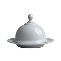 Elegant white food cover dome on a plate, isolated on a white background, perfect for showcasing gourmet dishes or culinary presentations.