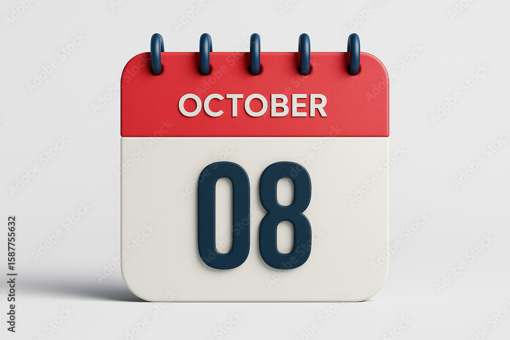 Poster 3d render of a calendar icon displaying october 8th with red header and white body on a clean white 