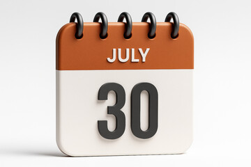 3D Calendar Illustration of July 30th Date Reminder with Brown Top and White Bottom on White Background for Planning