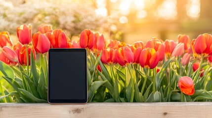 Tablet Displayed in a Vibrant Garden of Colorful Tulips
