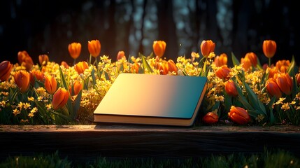 Blank Journal Surrounded by Vibrant Tulips and Daffodils in Nature