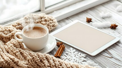 Cozy Winter Scene with Coffee Mug and Tablet on Wooden Table