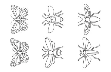 Simple line art illustrations of butterflies and bees on white background
