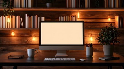 Cozy home office setup with computer, bookshelves, and warm lighting