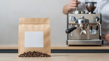 Coffee Bag on Table with Espresso Machine in Background Ready to Use