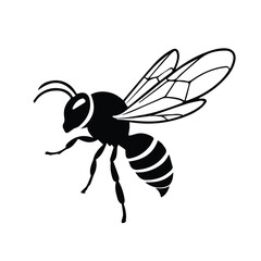 Obraz premium Black and white silhouette of a flying wasp in profile view. A simple, stylized representation of a wasp in flight against a plain white background.