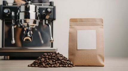 Coffee Beans and Packaging with Espresso Machine in the Background