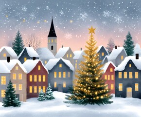 Naklejka premium Christmas tree illuminating snowy village during a magical snowfall