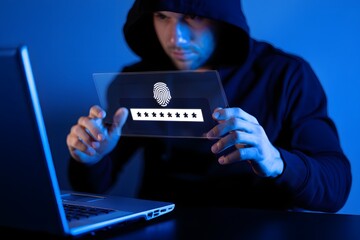 Cybersecurity threat concept with hacker using fingerprint to access password data, showing digital identity protection, online security and internet privacy risk.