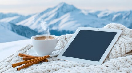 Cozy Winter Scene with Coffee, iPad and Mountains in Background