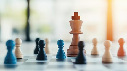 A strategic chessboard arrangement displays a large wooden king surrounded by an array of smaller pawns of varying colors highlighting leadership and planning.