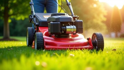 Lawnmower cutting grass in a summer garden.  Gardening maintenance leisure activity. Home garden tech equipment in use.