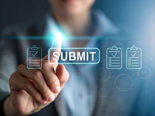 Woman pressing submit button on virtual screen with checklist icons online form
