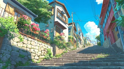 Charming hillside town with flower adorned homes climbs towards a vibrant blue sky a serene escape with light watercolor